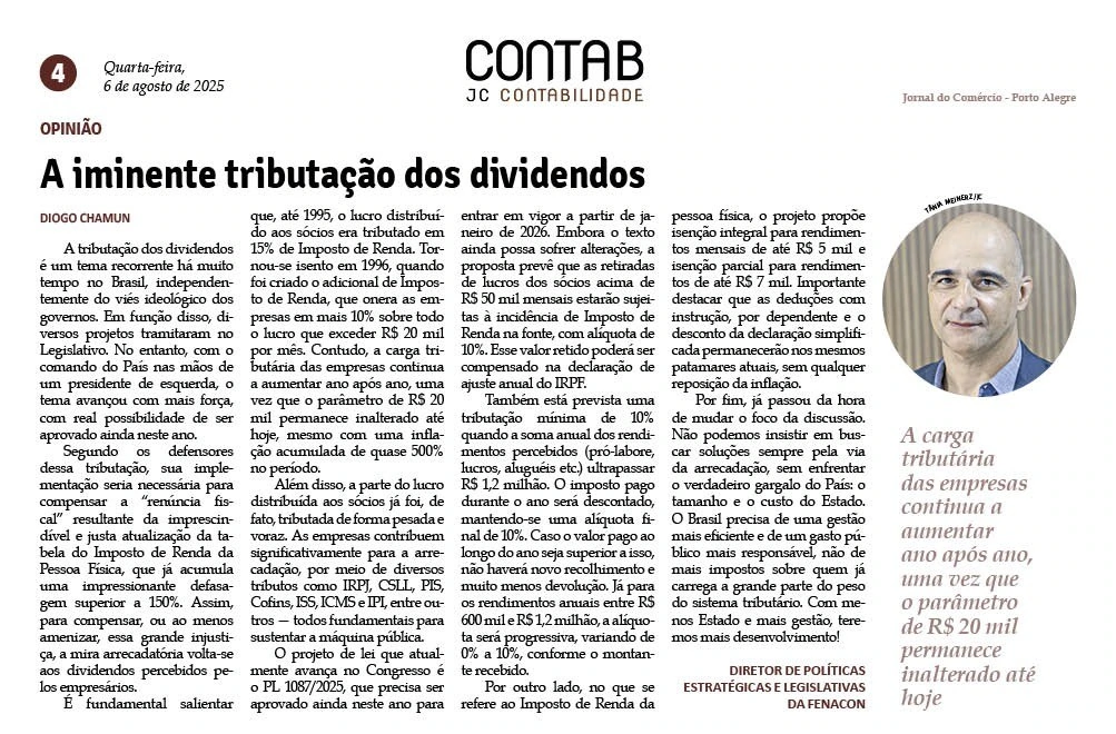 JC-RS publica artigo do diretor da FENACON sobre iminente taxação de dividendos – Sistema FENACON