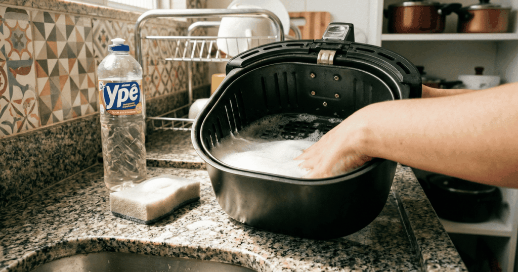 O macete da água quente na air fryer que limpa o cesto sem estragar o teflon