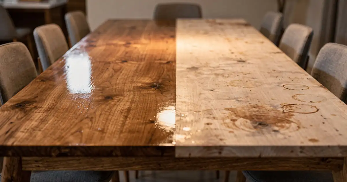 Quanto custa o polimento da mesa de jantar de madeira que está cheia de marcas de copos e perdeu todo o brilho original