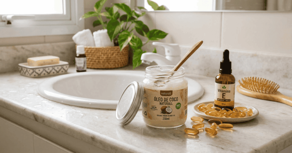 Qual a finalidade de aplicar óleo de coco e vitamina e nas pontas do cabelo branco e como fazê-lo