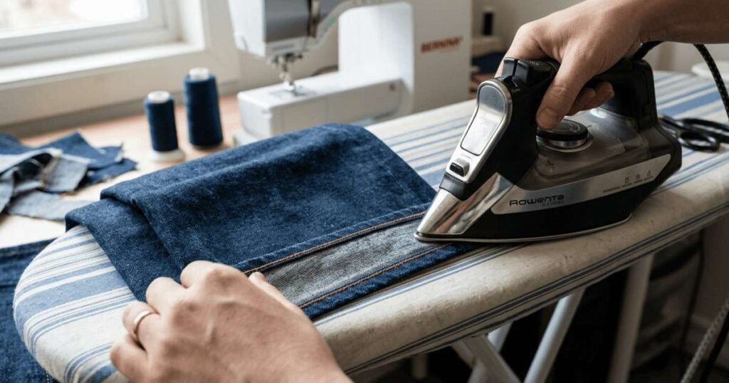 O método japonês para ajustar a barra da calça jeans em casa usando apenas o ferro de passar.