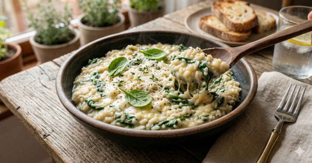 Você precisa provar esse arroz cremoso com queijo e espinafre