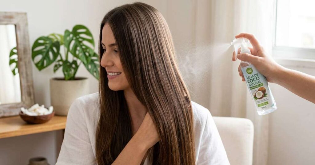 Qual a finalidade de aplicar água de coco no cabelo e como fazê-lo corretamente para potencializar o resultado?