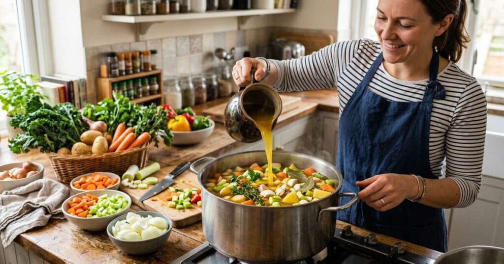 O caldo mais saboroso é feito com 1,5 kg de legumes, 2,5 litros de água, sal e um toque de molho de soja branco.