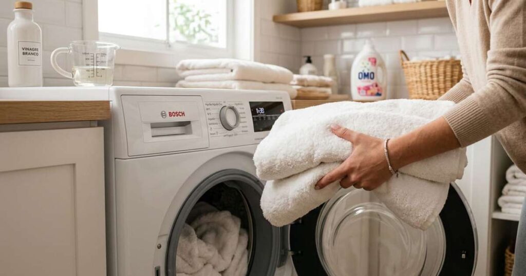 No Egito eles colocam vinagre branco na máquina de lavar para amaciar as toalhas e fazem o ciclo rápido para o tecido nunca desfiar