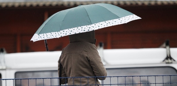 7.jul.2015 - Pedestre usa casaco e guarda-chuva para se proteger do mau tempo, na avenida Cupecê, na zona sul de São Paulo