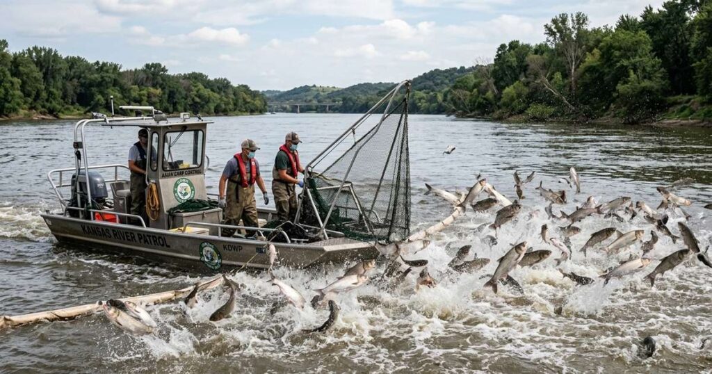 Mais de quarenta e cinco toneladas de carpas invasoras foram retiradas do rio Kansas, e o tamanho da captura mostra como um rio pode ser dominado rápido