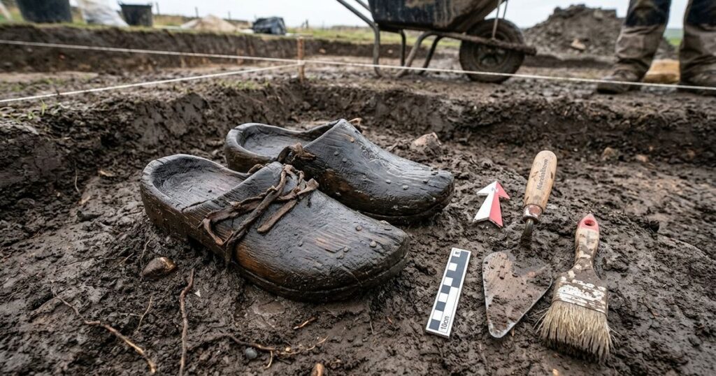 Arqueólogos recuperam dezenas de tamancos de madeira com 1.800 anos que os romanos de Vindolanda usavam nos banhos