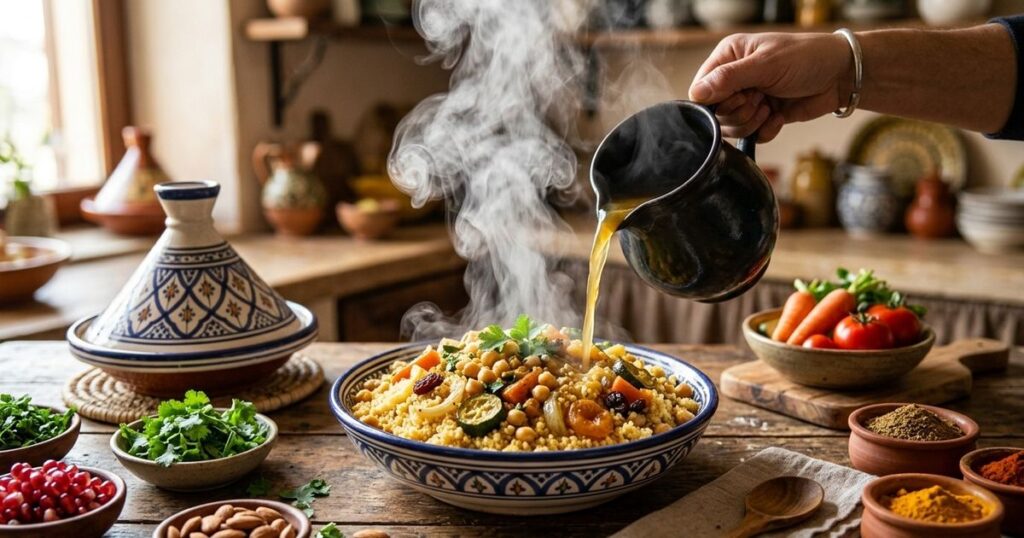 “Para deixar o cuscuz mais soltinho e com sabor equilibrado, o segredo é hidratar os grãos na hora de preparar a massa.”