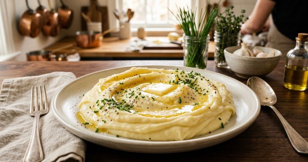 O purê de batata não é feito apenas com leite, mas sim com manteiga gelada, gema de ovo e caldo quente para ficar cremoso.