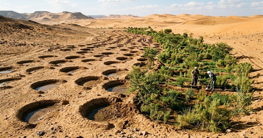 Tentaram conter o avanço do Saara com milhões de abelhas, mas elas “derreteram” em temperaturas acima de 70 °C. Porém, a alternativa que realmente funciona não é a biologia, e sim a geometria aplicada ao solo