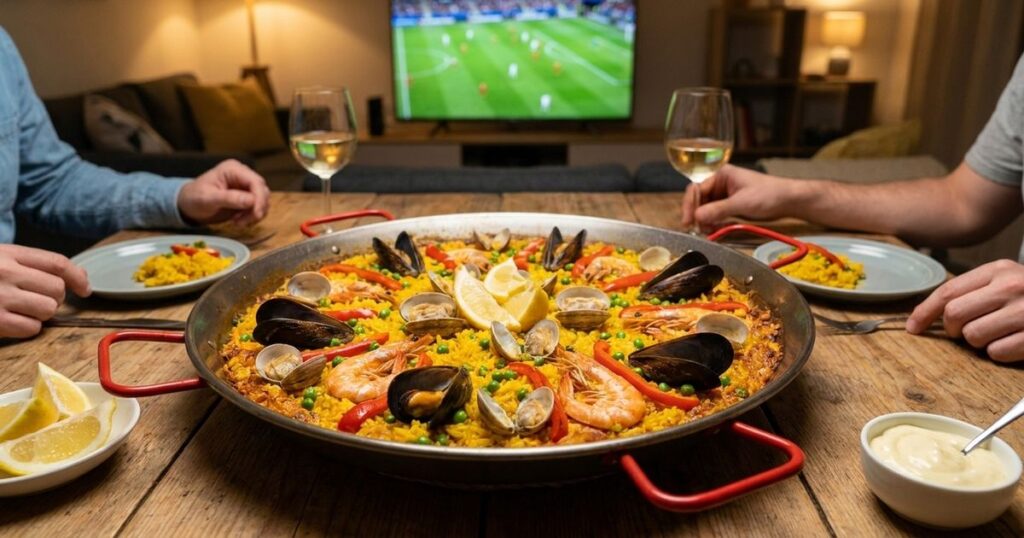 Para deixar a paella mais saborosa, o segredo é não mexer o arroz depois de adicionar o caldo.
