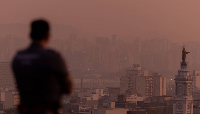 Homem observa horizonte poluído na região central da cidade de São Paulo durante a onda de calor de 2024 
             -       
        Danilo Verpa - 12.set.2024/Folhapress