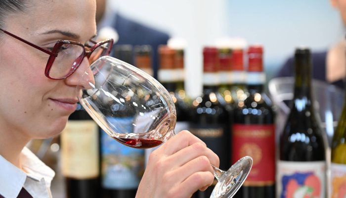 Visitante provando vinho em feira internacional da bebida em Verona, na Itália
             -       
        Alberto Lingria - 13.abr.26/Xinhua