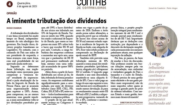 JC-RS publica artigo do diretor da FENACON sobre iminente taxação de dividendos – Sistema FENACON