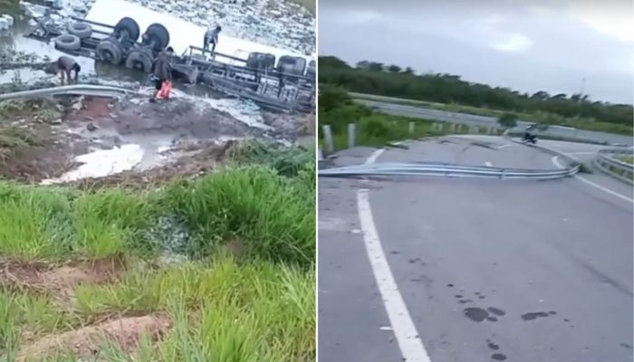 1 de 1Alça de acesso à BR-304 é interditada após capotamento de carreta — Foto: Reprodução