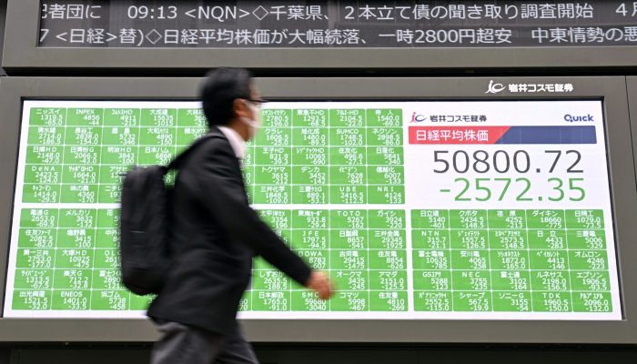 1 de 1Painel eletrônico que exibe o índice Nikkei do Japão, em Tóquio, na segunda-feira, 30 de março de 2026. — Foto: Yusuke Hashizume/Kyodo News via AP