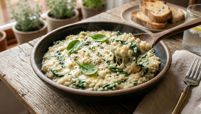 Você precisa provar esse arroz cremoso com queijo e espinafre