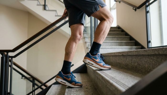 subir escadas 10 minutos por dia, 5 dias por semana, em ritmo moderado, melhora o fôlego e fortalece as pernas ao longo do ano