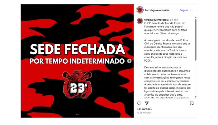 1 de 2Postagem da Torcida Jovem do Flamengo sobre sede em Samambaia fechada por tempor indeterminado. — Foto: Redes sociais/Divulgação