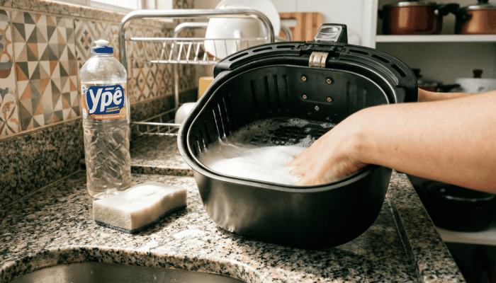 O macete da água quente na air fryer que limpa o cesto sem estragar o teflon