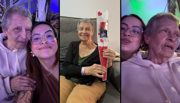 1 de 2Dona Marli Consolatto, de 79 anos, foi presentada pela neta Bruna Zangato, com o show do Roberto Carlos em Votorantim — Foto: Arquivo pessoal
