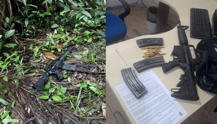 1 de 1Fuzil encontrado com outros itens de armamento na ação. — Foto: Reprodução / TV Liberal