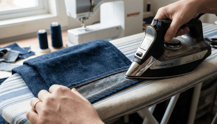 O método japonês para ajustar a barra da calça jeans em casa usando apenas o ferro de passar.