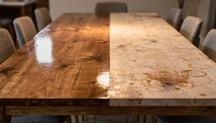 Quanto custa o polimento da mesa de jantar de madeira que está cheia de marcas de copos e perdeu todo o brilho original