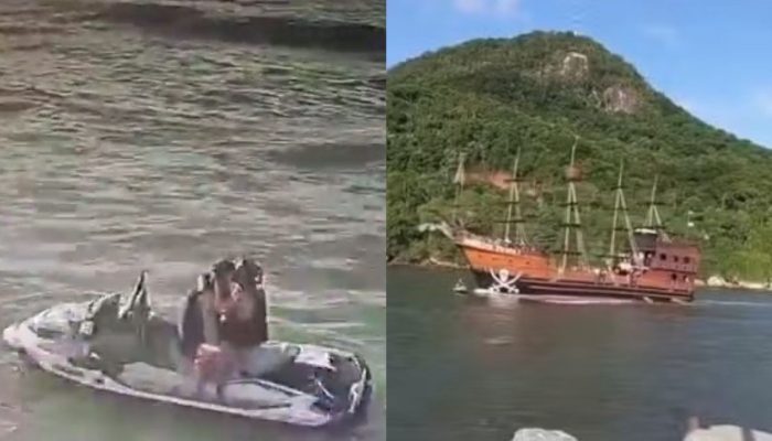 1 de 2Casal se beijava em moto aquática quando foi atropelado por 'barco pirata' em Balneário Camboriú — Foto: NSC TV/Reprodução