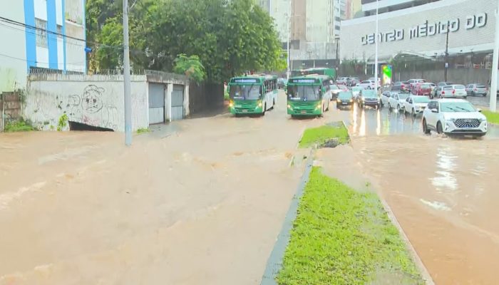 1 de 1Ônibus ficaram ilhados no bairro do Canela, em Salvador — Foto: Redes sociais